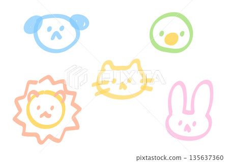 Line marker doodle style simple animal face illustration set Line marker doodle style simple animal face illustration set 135637360
