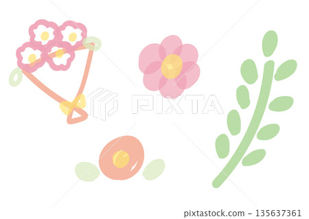 線條筆塗鴉風格的簡單花葉插圖套裝 線條筆塗鴉風格的簡單花葉插圖套裝 135637361