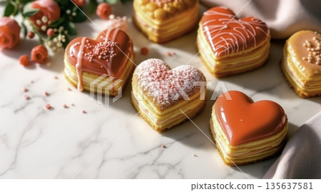 Heart-shaped desserts on marble surface with flowers and decorations for celebration 135637581