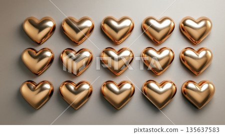 Heart-shaped decorations arranged in a grid pattern on a light background for display Heart-shaped decorations arranged in a grid pattern on a light background for display 135637583