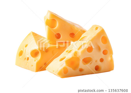 Set of sliced cheese pieces isolated on transparent background, showcasing holes and smooth texture, ideal for culinary or food-related projects 135637608