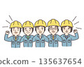 Five men in work clothes and helmets putting their arms around each other and making a fist pump 135637654