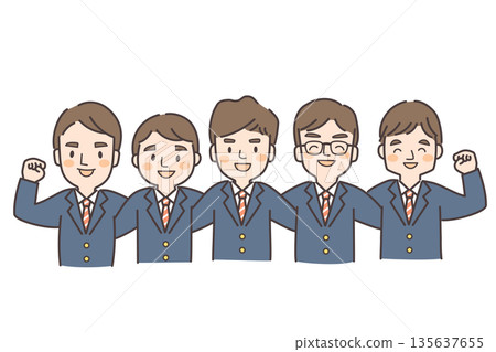五名身穿制服的高中男生互相摟著肩膀,握拳慶祝。 五名身穿制服的高中男生互相摟著肩膀,握拳慶祝。 135637655