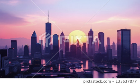 Bright colors fill the sky as the sun sets behind the city skyline in Shanghai 135637877