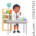Young African American school boy making experiment in chemistry class. Cartoon vector illustration. 135637925