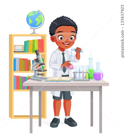 Young African American school boy making experiment in chemistry class. Cartoon vector illustration. Young African American school boy making experiment in chemistry class. Cartoon vector illustration. 135637925