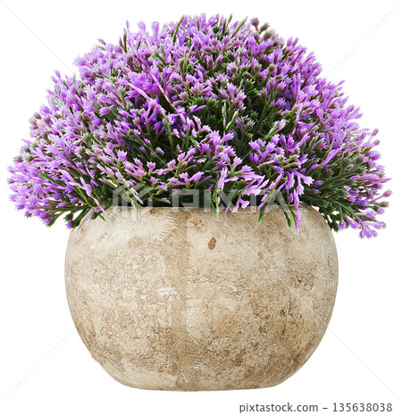 紫色人造盆栽植物，栽種於圓形石盆。 135638038
