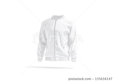 Blank white bomber jacket mock up, png, transparent background, 3d rendering. Empty satin or silk waterproof apparel mockup, cut out. Clear jersey jacket with pocket for urban outwear template. 135638147