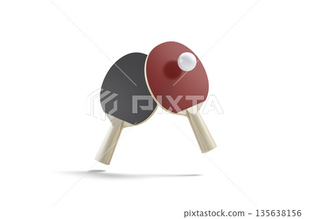 Blank black, red wood table tennis racket with ball mockup, no gravity, png, transparent background 3d rendering. Empty desktop for ping-pong game, cut out. Tabletennis board for competitive template. 135638156