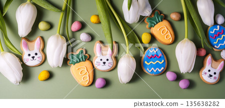 Easter banner, spring holiday background with easter cookies: buny, carrot and egg with white tulip flowers, flat lay 135638282