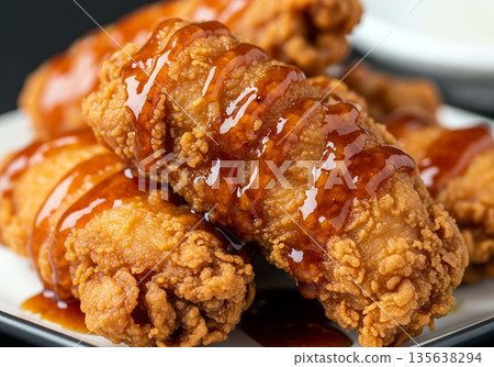 Close Up Crispy Fried Chicken Pieces Glazed with Sweet and Spicy Sauce Steam and Droplets Food Photography Background 135638294
