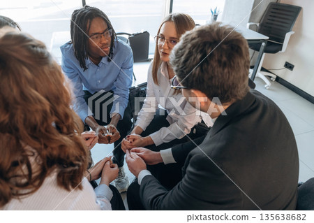 Problems solving, talking. People are in group psychological support room together Problems solving, talking. People are in group psychological support room together 135638682