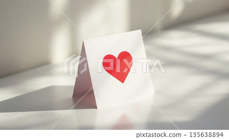 White folded card displaying a red heart against a light background with shadows 135638894