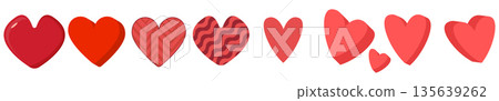 Red heart icons set vector illustration, creative cartoon 3D and patterned hearts isolated on white background for Valentine s Day , Mother s Day design, Heart month 135639262
