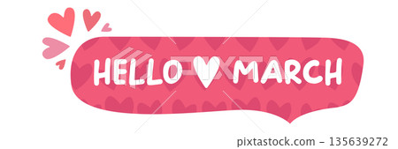 Welcome March spring banner with hearts pattern, aesthetic pink aesthetic background for social media posts, seasonal greeting card design vector 135639272