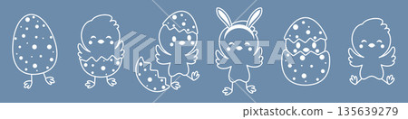 Cute Easter chick illustration set with hand drawn outline style characters hatching from eggs, playful spring design for cards, decorations, kids projects, stickers, prints and graphic templates 135639279