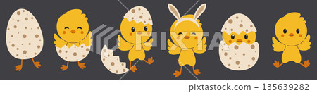 Cute Easter chick character set with hatching eggs, bunny ears and playful poses, spring holiday cartoon illustration collection for Easter design, greeting cards, posters, kids artwork Cute Easter chick character set with hatching eggs, bunny ears and playful poses, spring holiday cartoon illustration collection for Easter design, greeting cards, posters, kids artwork 135639282