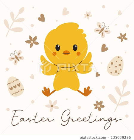 Cute Easter chick with open wings, spring flowers, hearts and decorated eggs, soft pastel holiday illustration for Easter greetings, cards, invitations, posters, kids design Cute Easter chick with open wings, spring flowers, hearts and decorated eggs, soft pastel holiday illustration for Easter greetings, cards, invitations, posters, kids design 135639286