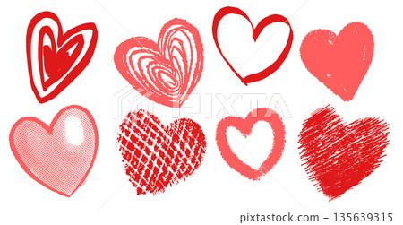 Set of hand drawn hearts. Grunge brush collection scribble markers hearts isolated on white 135639315