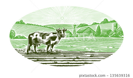 A cow on a Rustic meadow hand drawn village landscape illustration with fields. Beautiful scentic 135639316
