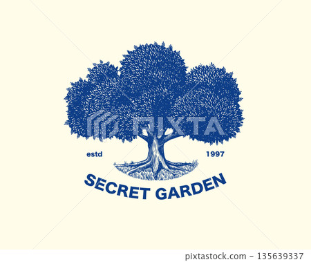 Sample logo idea for your company with old oak tree. Symbol of growth, stability and ecology. Hand Sample logo idea for your company with old oak tree. Symbol of growth, stability and ecology. Hand 135639337