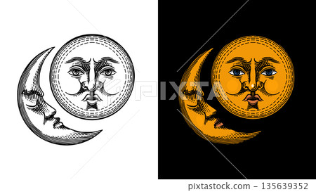 Full and crescent moon with faces as symbols of mystery and secret. also as Mason and illuminate Full and crescent moon with faces as symbols of mystery and secret. also as Mason and illuminate 135639352