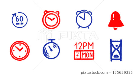 Time and clock icon symbols in grungy style. hourglass and date timer . Emblems for business and web 135639355