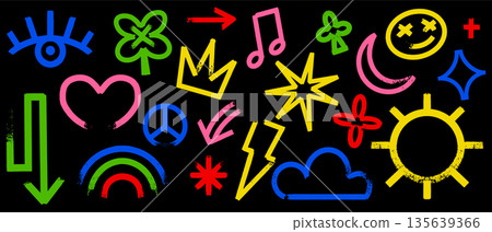 Grunge crayon kids scribble elements. Hand drawn colourful doodles with eye, crown and sun. Cute 135639366