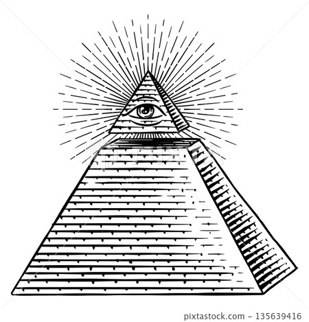 Pyramid with all seeing eye of providence .Freemason and Mason symbols. Illuminati and secret union Pyramid with all seeing eye of providence .Freemason and Mason symbols. Illuminati and secret union 135639416