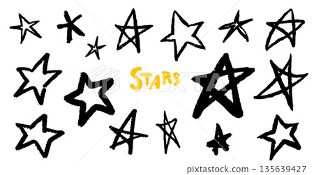 Cute simple stars. Grunge Brush drawn icons done on paper. Colourful yellow stars in different Cute simple stars. Grunge Brush drawn icons done on paper. Colourful yellow stars in different 135639427