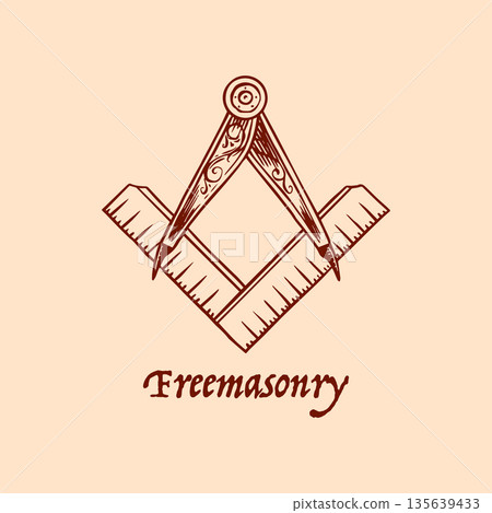 Compass Square as symbol of mason freemason .Conspiracy and Secret Society emblem. Hand drawn Compass Square as symbol of mason freemason .Conspiracy and Secret Society emblem. Hand drawn 135639433