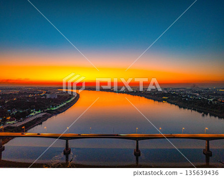 Stunning Sunset Over Friendship Bridge Aerial view Stunning Sunset Over Friendship Bridge Aerial view 135639436