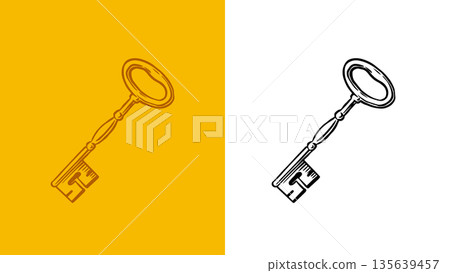 Old Golden key. Symbol of secret knowledge. Medieval looking icon for all the locks. Hand drawn Old Golden key. Symbol of secret knowledge. Medieval looking icon for all the locks. Hand drawn 135639457