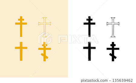 Big collection of Christian religious crosses. Set of orthodox, catholic and Lutheran symbols of 135639462