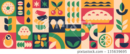 Abstract geometric coffee pattern with bakery, drink cups and bauhaus brutalist elements Abstract geometric coffee pattern with bakery, drink cups and bauhaus brutalist elements 135639695