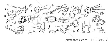 Hand drawn sports balls motion doodles, bounce line effects 135639697