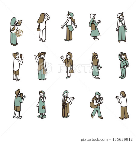 一套可用於郊遊和城鎮漫步場景的各種女性角色插圖 135639912