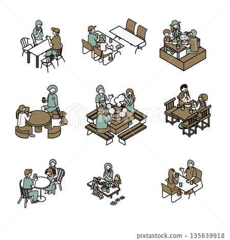 一組描繪人們圍坐在餐桌旁用餐和交談的日常場景的插畫。 135639918