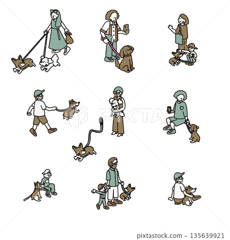 A set of illustrations of dogs and their owners walking and interacting with each other A set of illustrations of dogs and their owners walking and interacting with each other 135639921