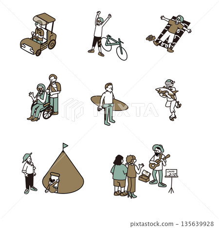 A set of illustrations depicting various scenes, including everyday life and leisure A set of illustrations depicting various scenes, including everyday life and leisure 135639928