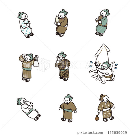 A cute illustration set depicting the daily life and actions of sumo wrestlers 135639929