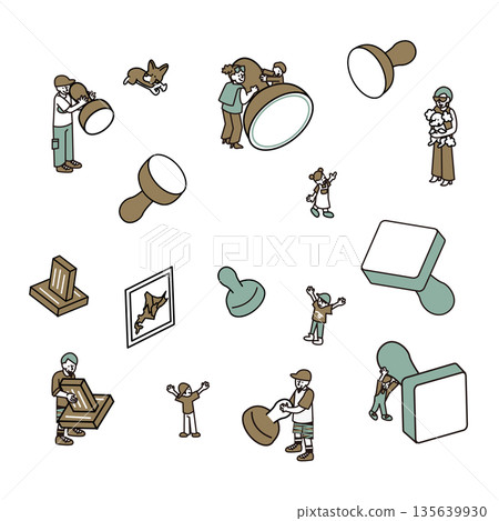 一組插圖，描繪了人們在各種活動和觀光中覆蓋各種印章的場景。 135639930