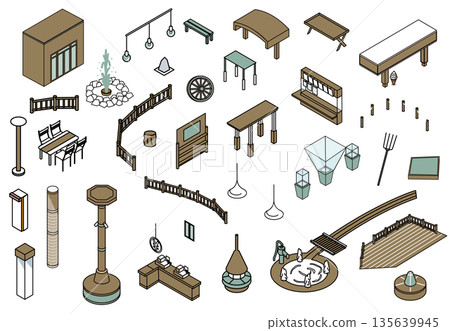 一套用於公園和戶外設施的遊樂場設備、設施和裝置插圖。 135639945
