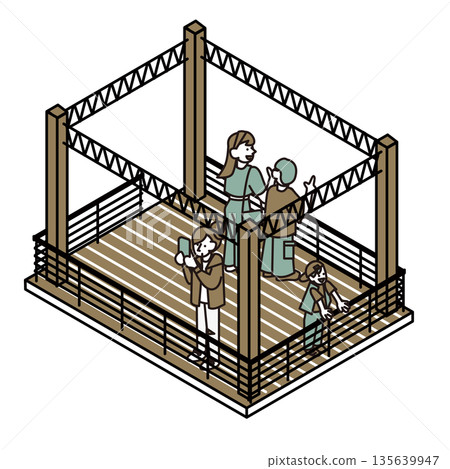 Illustrations depicting people spending time on an outdoor observation deck or stage Illustrations depicting people spending time on an outdoor observation deck or stage 135639947
