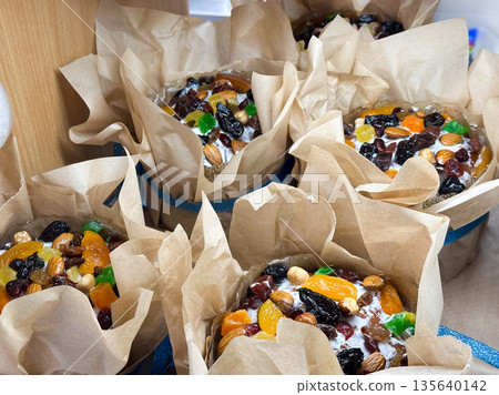 Traditional easter cake with nuts and dried fruits, close-up. 135640142