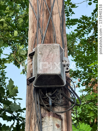 Electrical box on utility pole with wires and greenery. 135640158