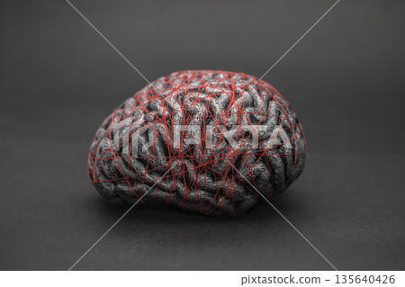 Human brain entwined with red thread. Concept of neurology, nervous system or human mind. Human brain entwined with red thread. Concept of neurology, nervous system or human mind. 135640426