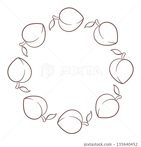 Peach fruit wreath in line art style isolated on a white background. 135640452