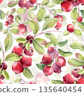 Lingonberry branches watercolor seamless pattern isolated on white. Botanical drawing of northern wild plants for fabric, packaging, textile, wallpaper, wedding, food design. Redberry floral repeat. 135640454