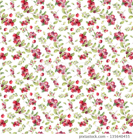 Watercolor beautiful plants with fresh berry seamless pattern isolated white. Lingonberry, cranberry hand drawn on endless background. Botanical repeat with red berry and foliage for textile design. 135640455